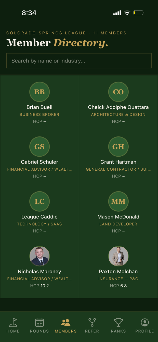 Links app member directory — browse your league by name or industry