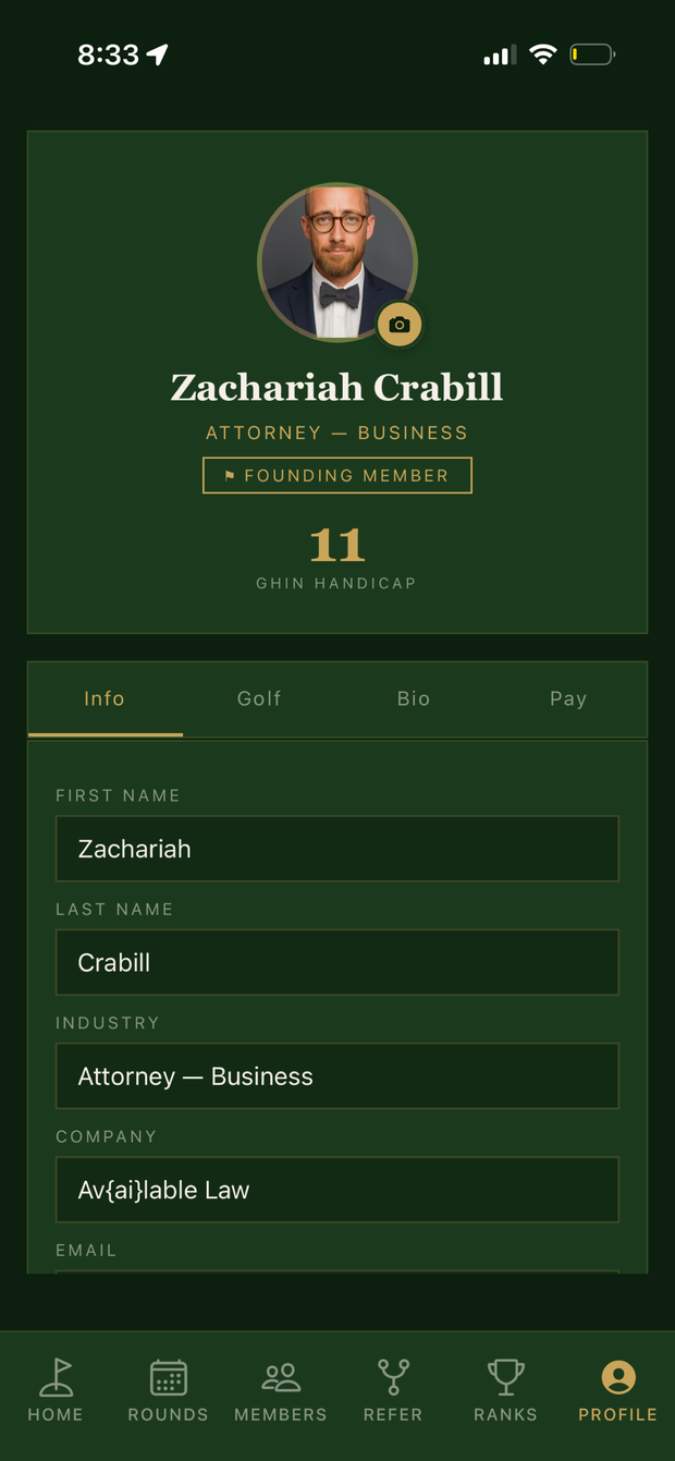 Links app player profile — digital player card with handicap and founding member badge